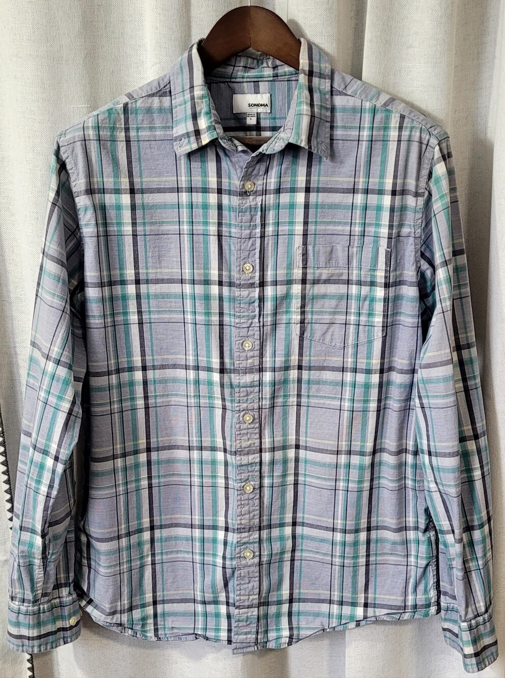 Sonoma Light Blue and Teal Plaid Button-Down Shirt